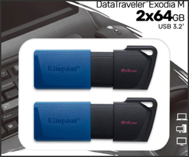 2x Kingston DataTraveler Exodia M USB Stick 3.2 Gen 1 DTXM/64GB-2P- mit beweglicher Kappe (Schwarz + Blau)