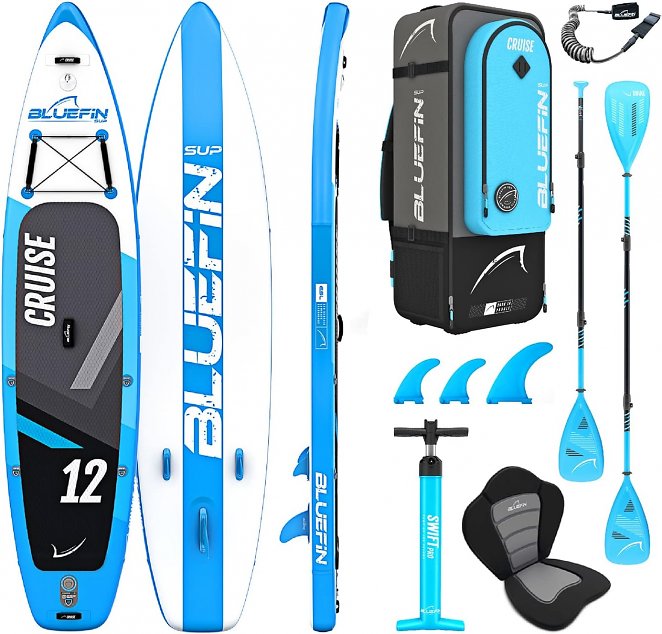 Bluefin Cruise SUP Board Set | Aufblasbares Stand-Up-Paddle-Board | 6 Zoll Dick | Fiberglas Paddel | Kajak Sitz | Komplettes Zubehör
