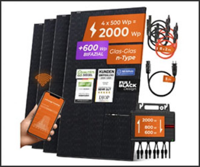Solarway® Balkonkraftwerk 2000W komplett Steckdose - neuester 2000W Wechselrichter - Solaranlage Komplettset - 500W bifazial