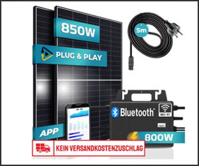 SUNNIVA® Balkonkraftwerk 850/800W Solaranlage mit 800W TSUN Micro Wechselrichter mit WIFI & Bluetooth, upgradebar drosselbar,