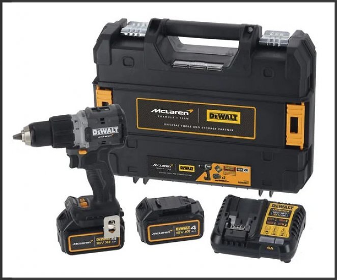 DEWALT Akku-Schlagbohrschrauber DCD85MM2T, 18Volt, im McLaren Design(grau/schwarz, 2x Li-Ion XR Akku 4Ah, in T STAK Box)