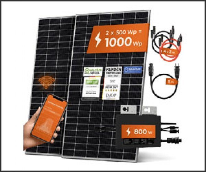 Solarway® 1000W Balkonkraftwerk 800W komplett Steckdose - neuester 800 Watt Wechselrichter - Solaranlage Komplettset - 500W Solarmodule & Envertech & Zubehör