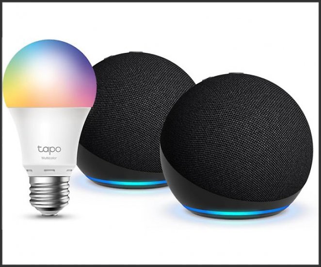 Echo Dot (Neueste Generation) | Anthrazit, 2er pack + Tapo L530 EA Smart Bulb (E27), Funktionert mit Alexa - Smart Home-Einsteigerpaket