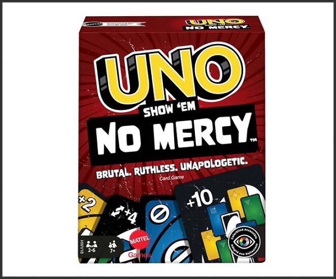 Mattel UNO Show 'em No Mercy - 56 zusätzliche Karten, harte Aktionskarten und brutale Spielregeln für die gnadenloseste Version, Stapelregel und Handkartentausch, ab 7 Jahren, HWV18