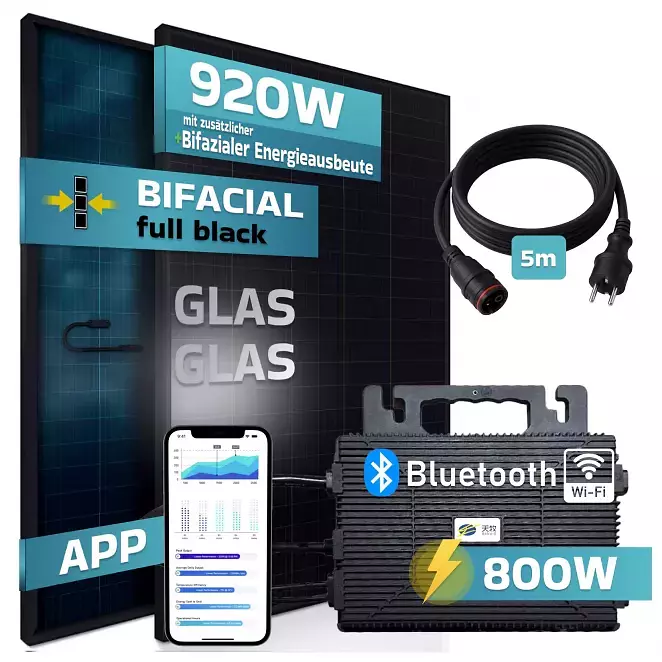 SUNNIVA® 920W Balkonkraftwerk BIFAZIAL FULLBLACK komplett Steckdose ASTRO-E 800W Wechselrichter, PV Solaranlage