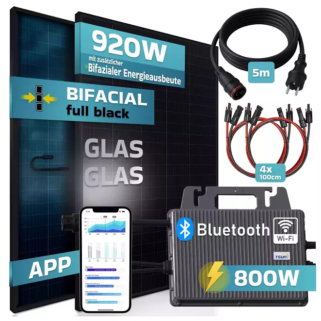 SUNNIVA® 920W Balkonkraftwerk BIFAZIAL FULLBLACK komplett Steckdose TSUN 800W Wechselrichter, PV Solaranlage, 2x 460W