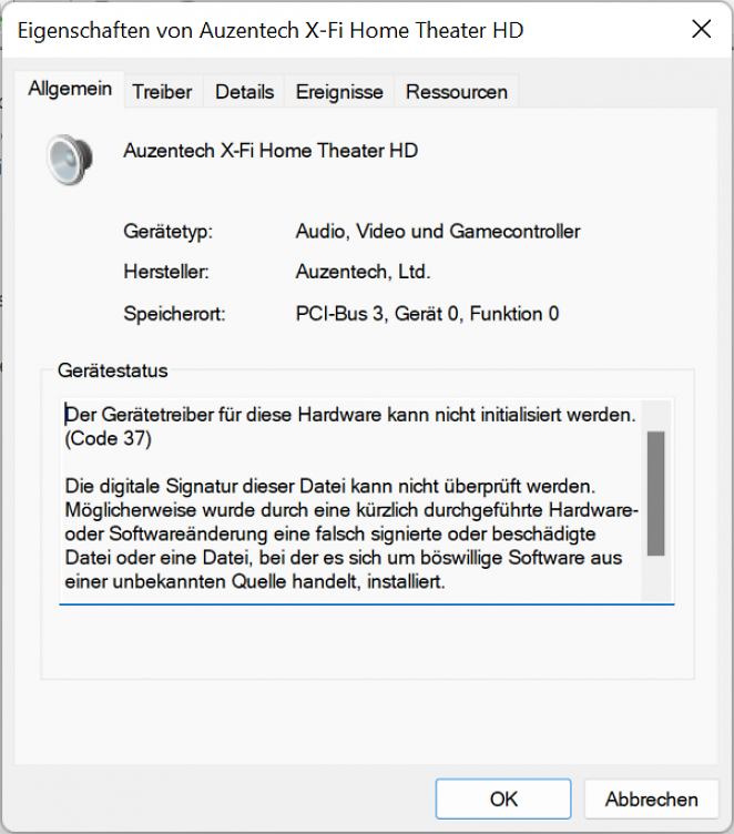 Der unsignierte Treiber einer älteren Auzentech-X-Fi-Karte lässt sich unter Secure Boot nicht mehr laden.