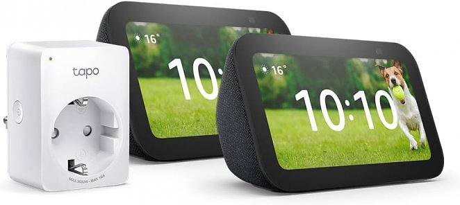Echo Show 5 (3. Gen.) | Anthrazit, 2er pack + Tapo P100MA WLAN-Steckdose, Funktionert mit Alexa - Smart Home-Einsteigerpaket