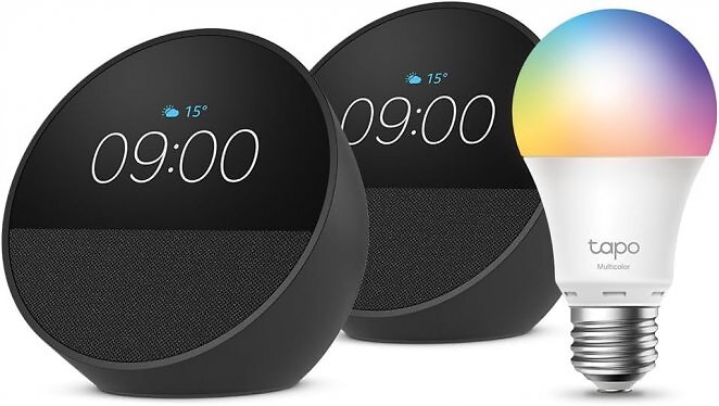 Echo Spot | Schwarz, 2er pack + Tapo L530EA (E27) Lampe, kompatibel mit Amazon Alexa - Smart Home-Einsteigerpaket