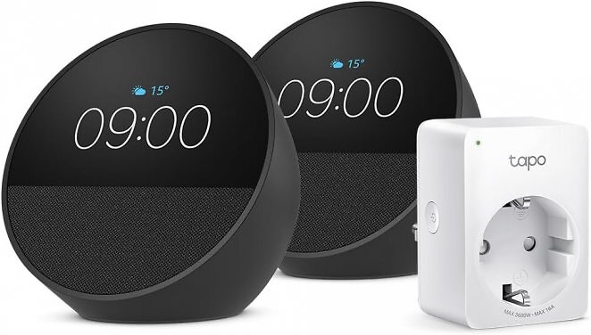Echo Spot | Schwarz, 2er pack + Tapo P100MA WLAN-Steckdose, kompatibel mit Amazon Alexa - Smart Home-Einsteigerpaket