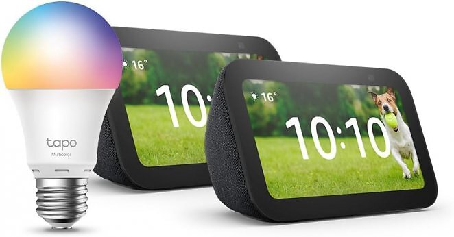 Echo Show 5 (3. Gen.) | Anthrazit, 2er pack + Tapo L530EA Smart Bulb (E27), Funktionert mit Alexa - Smart Home-Einsteigerpaket