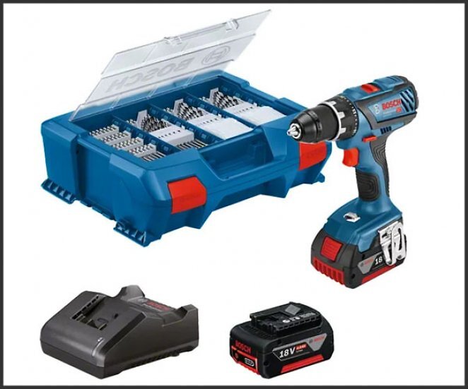 Bosch Akku-Bohrschrauber GSR 18V-28 Professional, 18Volt (blau/schwarz, 2x Li-Ionen Akku 3,0Ah, 82-teiliges Zubehör-Set)
