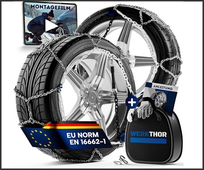 WERKTHOR 2x Schneeketten - Zugelassene Schneeketten für PKW - Optimaler Grip & Einfache Montage - Schneekette aus Metall - Für verschiedenen Reifengrößen
