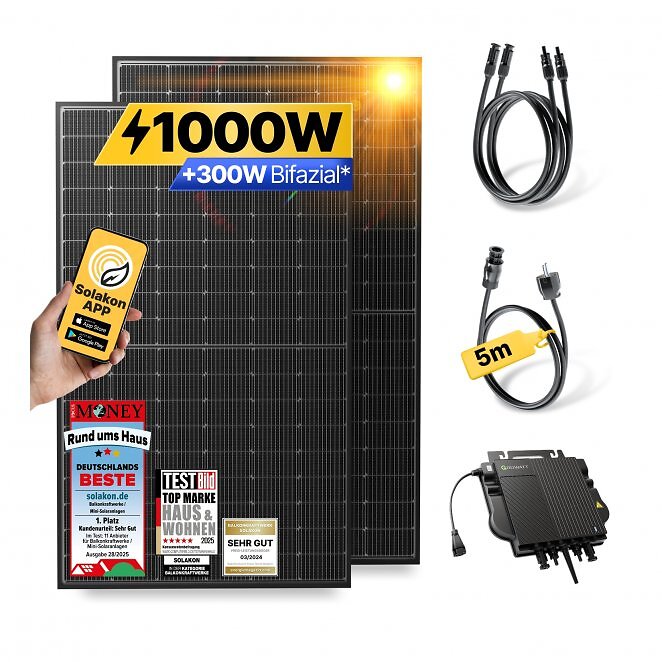 Balkonkraftwerk 1000W/800W Solaranlage Steckerfertig WIFI Komplettset Photovoltaik Anlage 800W, Kabellänge: 5m