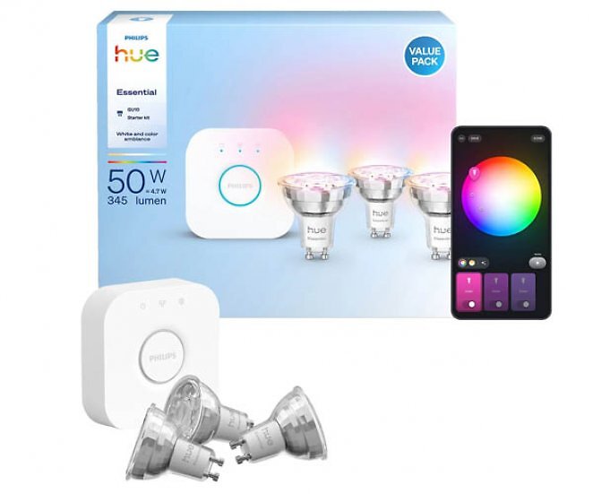 PHILIPS Hue Essential Starter Kit: Bridge + 3 Essential GU10 smarte Lampen RGB Starterset RGB