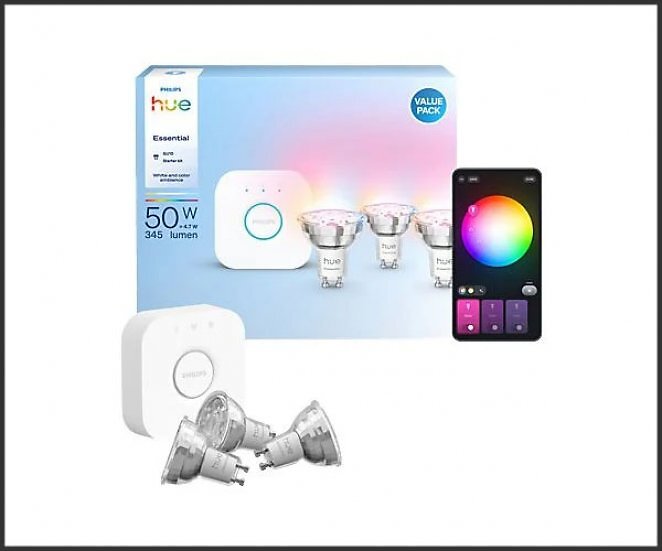 PHILIPS Hue Essential Starter Kit: Bridge + 3 Essential GU10 smarte Lampen RGB Starterset RGB