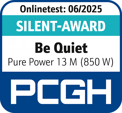 Bis zu knapp 70 Prozent unter Last völlig passiv und dann mit 0,2 Sone unter Volllast (auch nach 15 Minuten) löblich leise: Das Pure Power 13 M mit 850 Watt. - 2025/06/PCGH_Onlineaward_bequiet_2506-pcgh.png