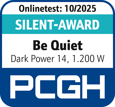 Für die 0,5 Sone des Lüfters unter Volllast bei 1.200 W gibt es einen Silent-Award für das getestete Dark Power 14. - 2025/10/PCGH_Award_online_beQuiet_2510-pcgh.png