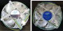 Intel Boxed-Kühler: RTS2011AC (links) und TS13A (rechts), Oberseite mit Lüfter