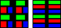 Subpixel-Layouts im Schema. Links: Aktuelle Anordnung von QD-OLED. Rechts: Traditionelle, vertikale Anordnung.