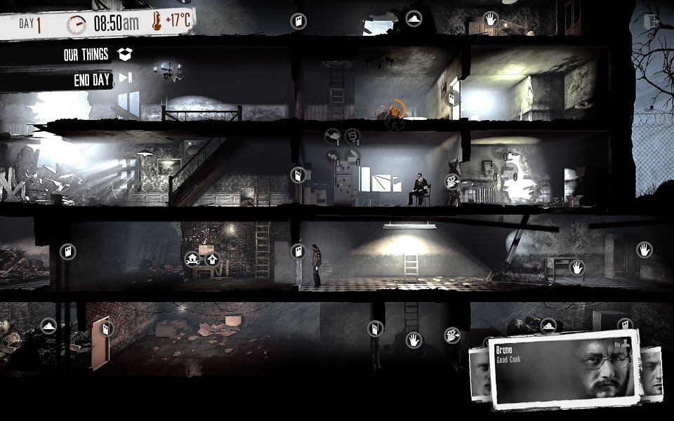 Spielerisch liegt der Fokus in <a href='de.gamesplanet.com/game/this-war-of-mine-steam-key--2882-1?ref=computec'><strong>This War of Mine</strong></a> auf dem Verwalten von Ressourcen, dem Ausbau der eigenen Unterkunft, nächtlichen Erkundungen und Entscheidungen.