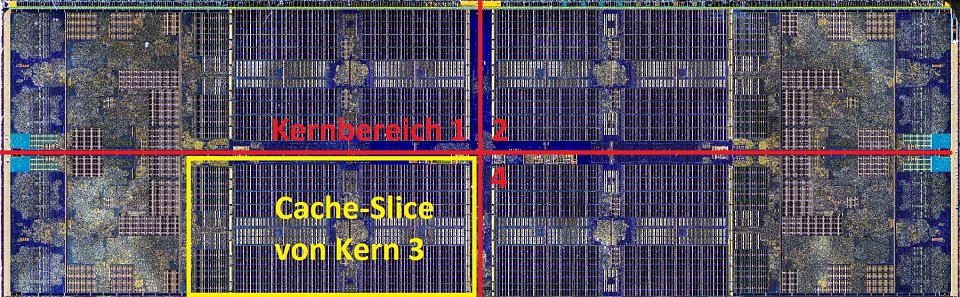 Caches sind in Die-Shots kaum zu übersehen, das Zählen von (Kern) Eins bis (Kern) Vier überfordert PCGH-Redakteure ebenfalls nicht – eine Interpretation des CCX-Grobaufbaus fällt uns daher leicht.