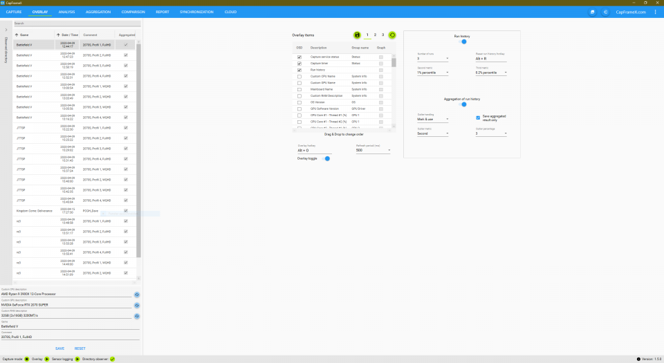 <strong>CapFrameX Version 1.50: </strong>Overlay-Tab: Für das Overlay benötigen Sie den RTSS. Zudem finden sich hier die mächtigsten Funktionen von CapFrameX.