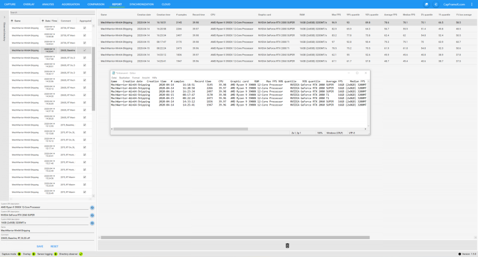 <strong>CapFrameX Version 1.50: </strong>Report-Tab: Simple Anzeige aller Parameter, mit der Möglichkeite diese in andere Programme zu exportieren.