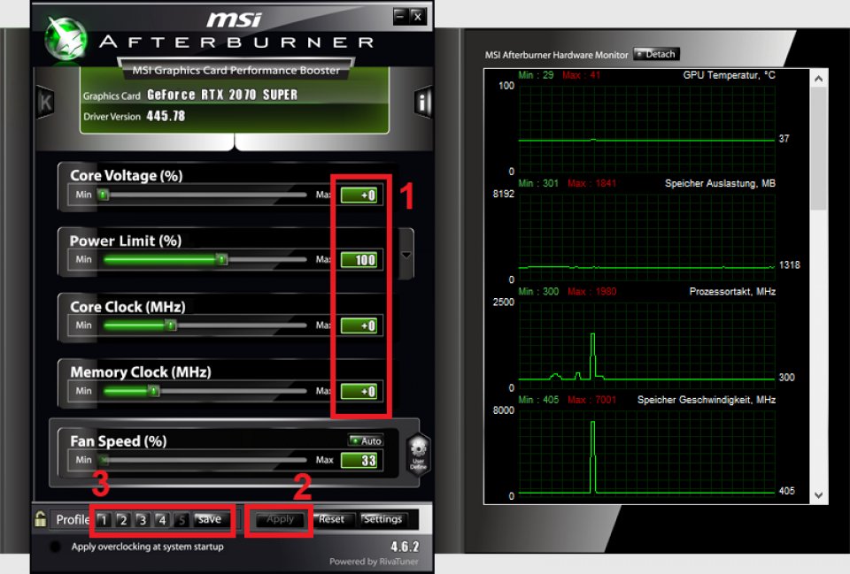 Im Hauptfenster des MSI Afterburner legen Sie erst die Offsets fest, klicken dann auf Apply und Save und wählen eines der fünf Profile aus, fertig.