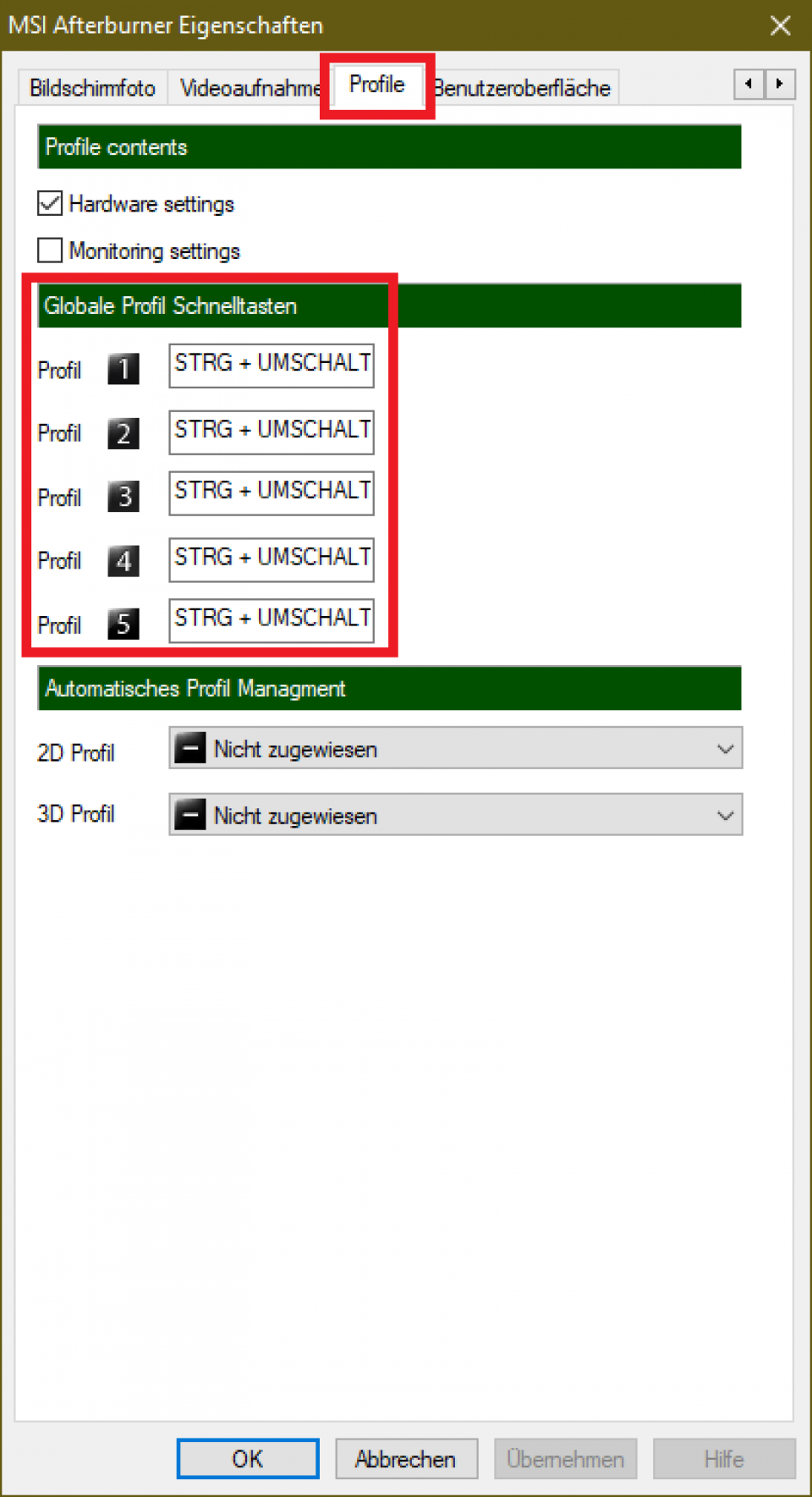 Im Untermenü können Sie für jedes Profil Hotkeys festlegen. Einen Tastendruck später ist das Profil geladen, auch während Sie spielen.