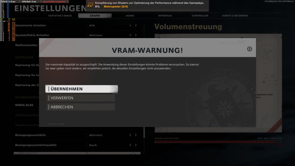 CoD Black Ops Cold War 'mit allem und scharf' auf einer Geforce RTX 3080: VRAM-Warnung