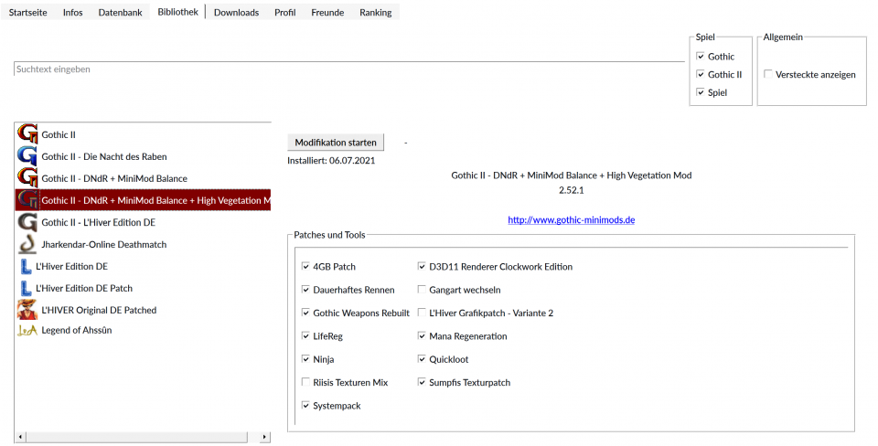 Der Spine-Starter unter dem Bibliothek-Tab ermöglicht die leichte An- und Deaktivierung einzelner Mod-Arten. Immer aktiviert werden sollte der <i>4GB Patch</i>, <i>Systempack </i>und sofern möglich <i>D3D11 Renderer Clockwork Edition</i>.
