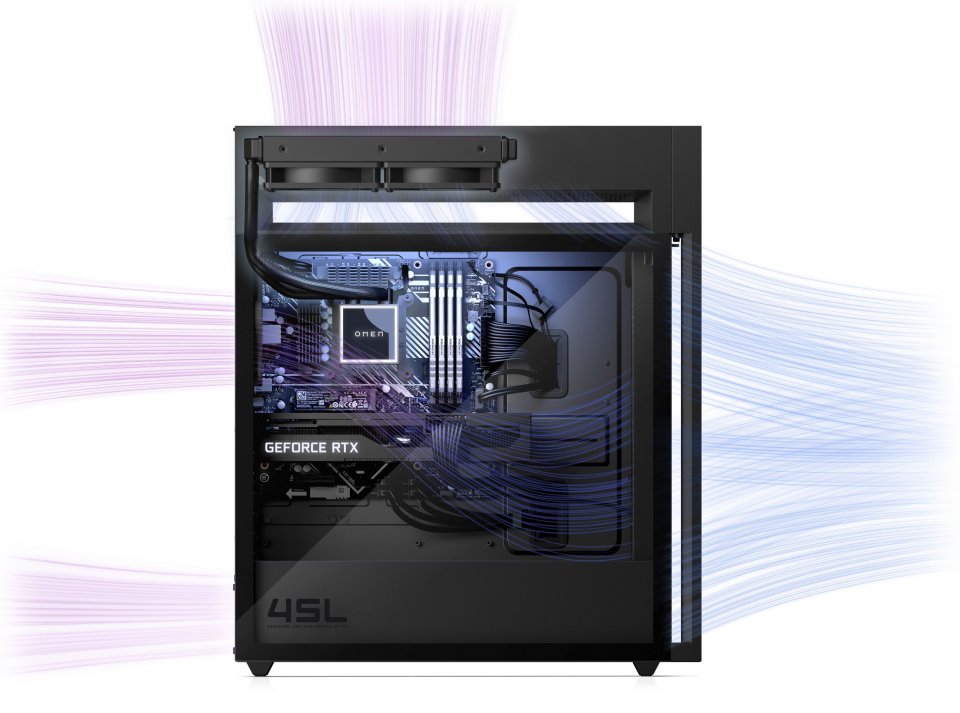 Die eigene Kammer für den Radiator des CPU-Kompakt-Wasserkühlers samt schicker Konstruktion und Aufmachung hebt das OMEN 45L von anderen Komplett-PCs ab.