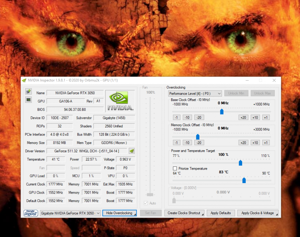 Geforce RTX 3050 8GB: Nvidia Inspector Overview.