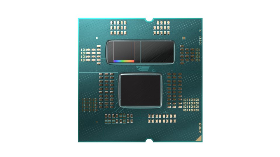 Leicht unterhalb der Mitte befindet sich der I/O-Die und oben die Core Chiplet Dies (CCD), in denen sich jeweils ein Core Complex (CCX) mit (bis zu) acht Kernen befindet. Jedoch verfügt nur das erste CCD (CCD0) über die 3D-Cache-Erweiterung.
