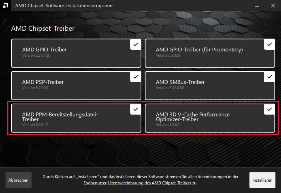 Die beiden Punkte unten sind im neuesten Chipsatztreiber von AMD enthalten. Diese sind zwingend erforderlich, damit der 3D-Prozessor mit mehr als einem CCD dazu in der Lage ist, die nicht benötigen Kerne zu parken.