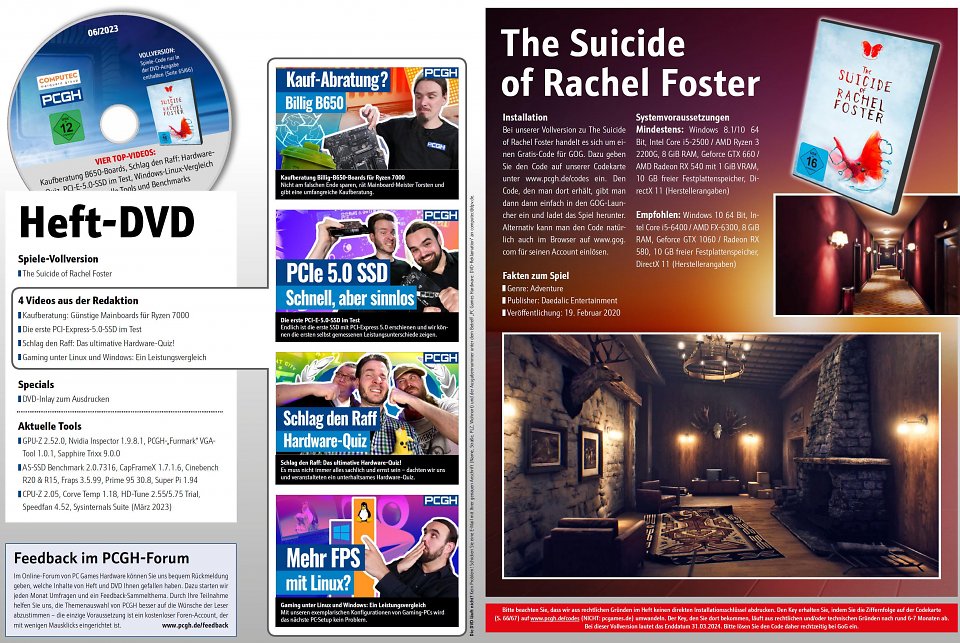 Neben den vielen <i>nützlichen Programmen</i> und <i>Videos</i> befindet sich die Vollversion <i><strong>The Suicide of Rachel Foster</strong></i><strong> </strong>in der DVD-Version des PCGH-Hefts.