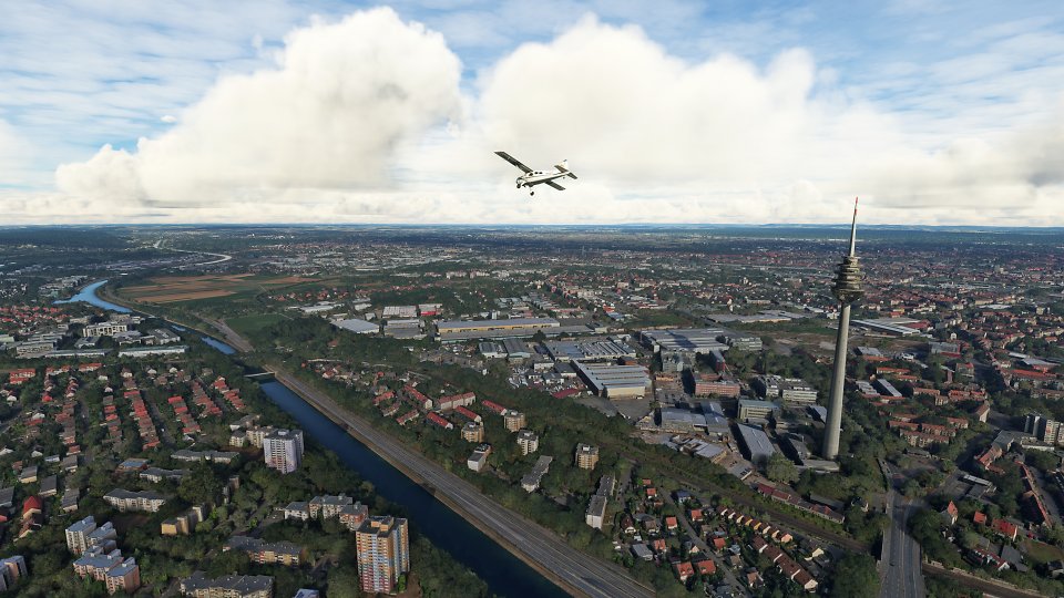 Für unsere Messungen nutzen wir spezielle Langzeit-Benchmarks, die eine umfangreiche Betrachtung dank unterschiedlicher, sämtliche Hardware betreffenden, Lastszenarien bieten. Hier sehen Sie ein Bild aus dem Flight Sim und unserer Testszene über dem lauschigen Fürth.