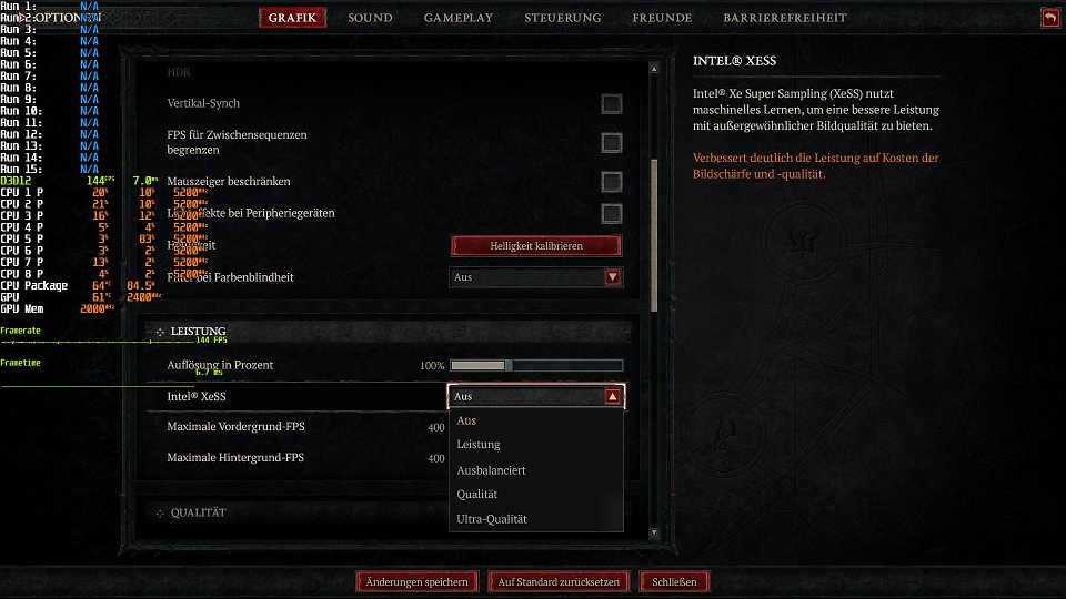 Auf einer Arc zeigt Diablo 4 nur XeSS-Upsampling, auf einer Geforce RTX nur DLSS - und auf allen anderen Grafikkarten nur FSR 2.