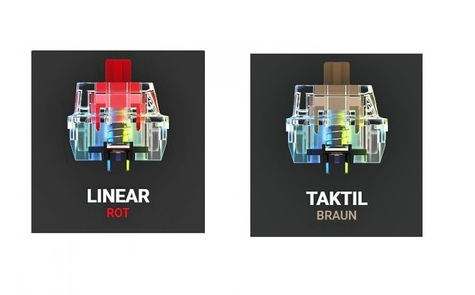 <strong>Roccat Titan II Optical Rot</strong> (linerar, Aktivierungsdruck 45,0 cN, 1,4 mm Auslöse- und 3,6 mm Hubweg) und <strong>Roccat Titan II Optical Braun</strong> (haptisch taktil, Aktivierungsdruck 45,0 cN, 1,8 mm Auslöse- und 3,6 mm Hubweg)