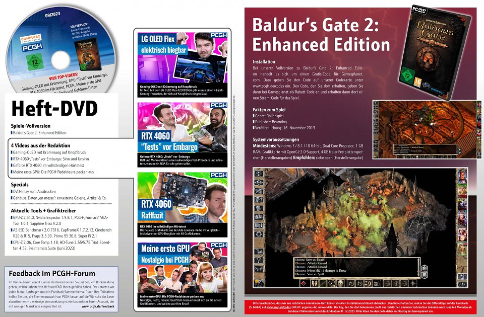 Neben <i>Artikelzusätzen</i> (etwa Gehäuse-Artikel samt erweiterter Bildergalerie)<i>, Programmen und Videos</i> befindet sich die <strong>Steam</strong>-Vollversion <a href='store.steampowered.com/app/257350/Baldurs_Gate_II_Enhanced_Edition/'><i><strong>Baldur's Gate 2: Enhanced Edition</strong></i></a><strong> </strong>in der DVD-Version des PCGH-Hefts.