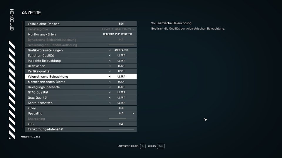 'Ultra' als höchste Grafikstufe ist vor allem der teureren Oberklasse vorbehalten. Die Erklärungen und Voreinstellungen sind ausbaufähig. Selbst in den Tiefen des Alls nicht zu entdecken: DLSS und die Frame Generation. Wenig überraschend setzt Starfield mit enger AMD-Kooperation auf FSR-Upsampling.