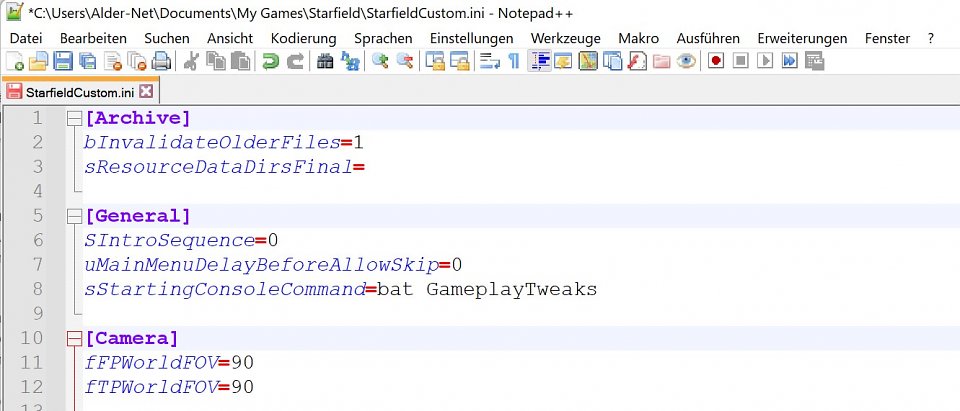 Programme wie Notepad++ sind zwar rein optional, da der von Windows eingebaute Editor ausreichen würde, allerdings fehlt dann die übersichtlichere Ansicht für Kommandos. Auch praktisch: Beim Hantieren mehrerer .ini-Dateien wie StarfieldCustom.ini und Starfield.ini können Sie über die oberen Tabs schnell hin- und herwechseln.