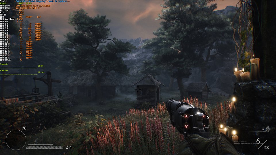 Witchfire Early Access - Die Performance ist schon im Early Access erfreulich hoch. In voller WQHD-Auflösung (hier im 4K-Borderless-Mode) und maximalen Details liefert eine RX 6700 XT gute 60 Fps und mehr.<br><br>Die Speicherbelegung ist ebenfalls unkritisch, die Frametimes sind - abseits einiger initialer Shader-Stutter - sauber und glatt. Die CPU wird nur gering belastet, halbwegs moderne Prozessoren mit zumindest 6 Kernen erreichen locker dreistellige Bildraten.<br><br>