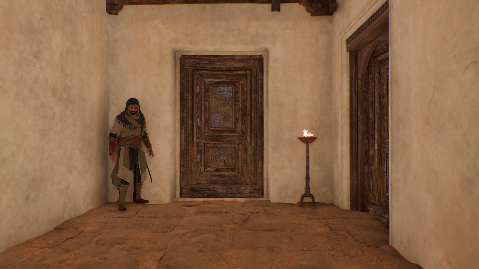 Assassin's Creed Mirage - Keine direkte Lichtquelle, GI only. Die Fackel im Hintergrund wirft keine Schatten und interagiert nur auf extrem beschränkte Weise mit der Umgebung. Die Materialdarstellung funktioniert ohne direkten Lichteinfall nur begrenzt. Es gibt keine Schatten, nicht einmal Screen-Space-Konktaktschatten, einzig die Umgebungsverdeckung sorgt für indirekte Verschattungen. Hässlich.
