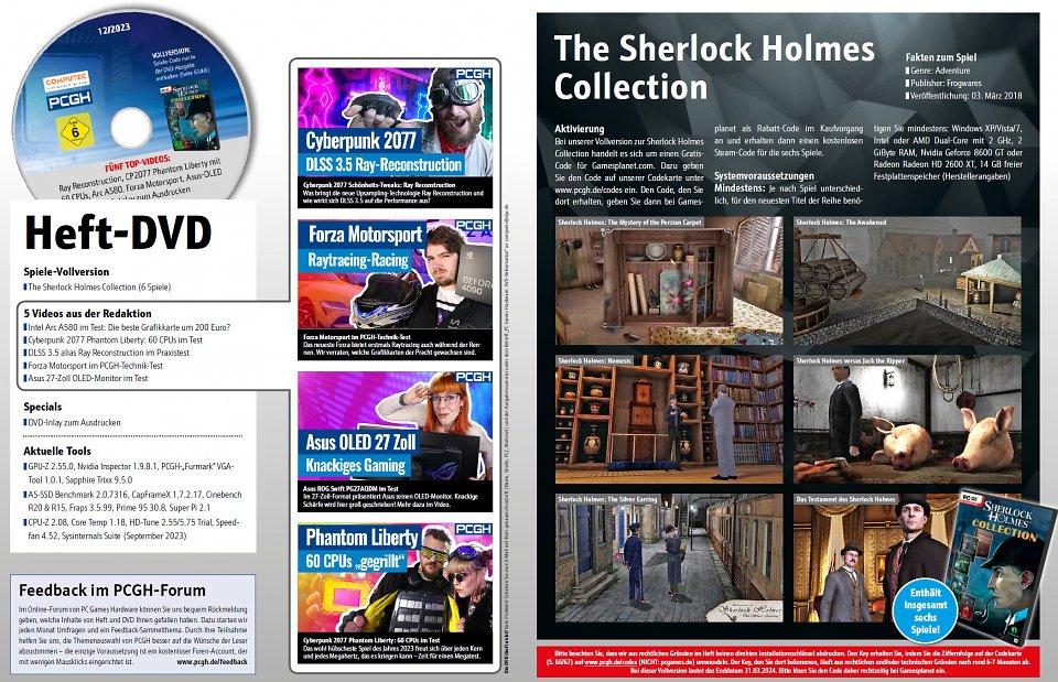 Neben <i>Artikelzusätzen, Programmen und Videos</i> befindet sich die Steam-Vollversion der Sherlock Holmes Crimes Collection <a href='de.gamesplanet.com/game/the-sherlock-holmes-collection-steam-key--3613-1'>über Gamesplanet</a> in der DVD-Version des PCGH-Hefts.
