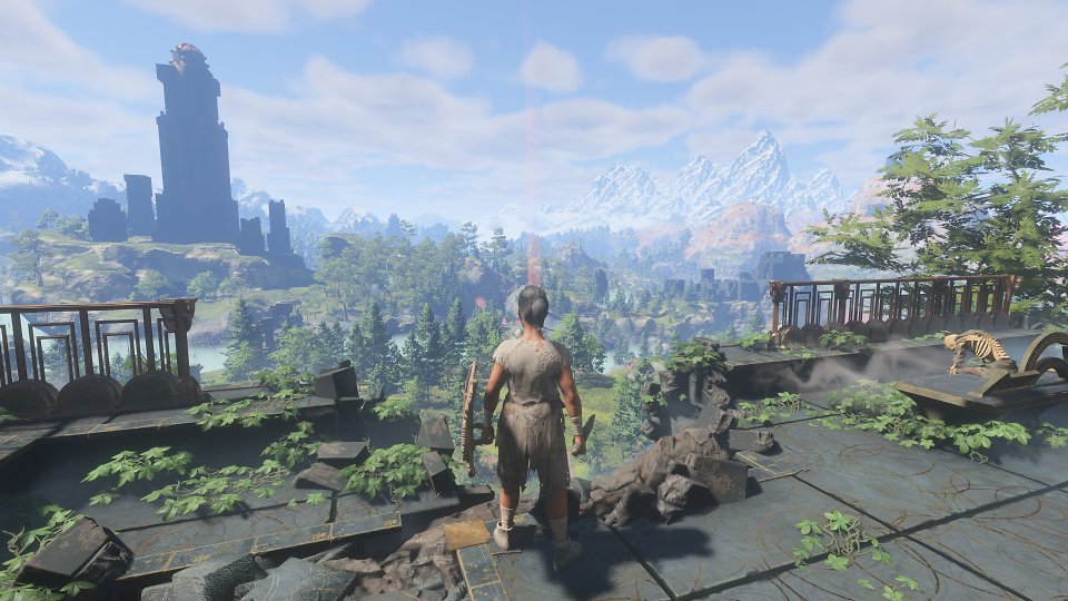 Enshrouded Early Access - Die Sichtweite ist angenehm hoch, auch wenn hier und dort und bei schneller Fortbewegung etwas Pop-up stören kann.<br><br>Die entfernten Gebäude sind sichtbar blockförmig, feine Details wie Fenster oder Scharten verschwinden. Offenbar kommt auch hier eine Art Beschleunigungs- respektive Optimierungsansatz zum Einsatz, der die Komplexität der Voxelbasis reduziert, auf welcher wiederum die Polygondarstellung basiert, wahrscheinlich ein Octree-Ansatz. Im Hintergrund sehen Sie einige weitere Biome.