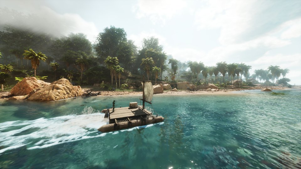 Ark: Survival Ascended Early-Access-Aufmacher maxed with Photomode (8): <br><br>Das ansehnliche Wasser nutzt (noch) keine volldynamische Ozeansimulation à la Sea of Thieves inklusive großer Wellen. Wohl aber eine Simulation für die Wasseroberfläche inklusive Strömung und Strömungsrichtung, dynamischer Gischt und feinen Refraktionen und unterschiedlichen Wasserbeschaffenheiten je nach Ort und Tiefe. Eine zusätzliche 'richtige' Brandung wäre allerdings fesch.