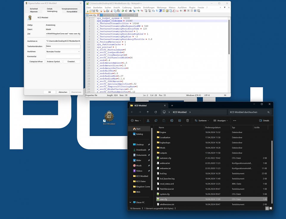 Bei einer GOG-Version wäre etwa eine Desktop-Verknüpfung der <i>KingdomCome.exe</i> im <i>bin/Win64</i>-Ordner mit einer Ergänzung unter den Eigenschaften unter Ziel die leichteste Methode (siehe auch Bild): 'Bestehender Pfad zur Exe' +exec user.cfg