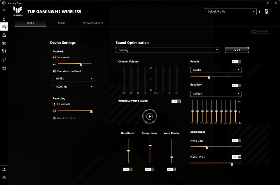 ASUS Armoury Crate Software für TUF H1 Gaming Wireless - Mit ASUS-Software bietet das H1 Wireless unter anderem Virtual Surround (optional zu Windows Sonic), einen 10-Band-Equalizer, Bass-Boost, Voice Clarity für bessere Sprachqualität sowie einen Kompressor. Für das Mikrofon stehen ein Noise Gate (eine 'smarte' Lautstärkekompensation) sowie der 'Perfect Voice' Sprachfilter zur Verfügung.